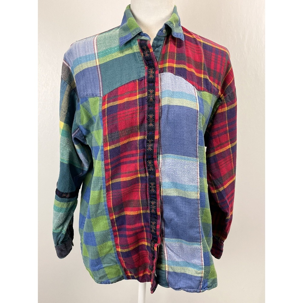 Vtg Y2K Gitano Patchwork Flannel Shirt Womens M Grunge Brocade Plaid Boho Skater
